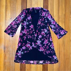 Stella&Julie Navy Dress Attached Pink Floral Soft Sheer Mesh Open Cardigan Sz 6